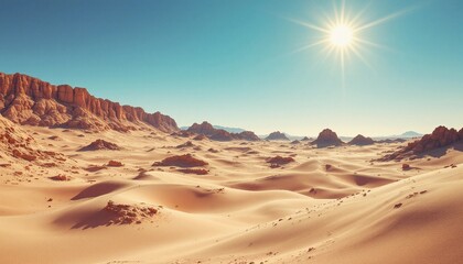 Naklejka premium Vast desert landscape with sunburst above sand dunes and rocky cliffs on a clear day