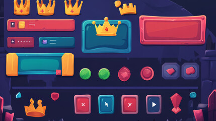 Fototapeta premium Set game frames and menu buttons cartoon interface. Empty borders with royal crown and banners, ui or gui design elements. Slider, red and green keys, user panel sliders, settings isolated vector set