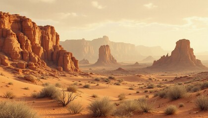 Naklejka premium Stunning desert landscape with majestic rock formations under a hazy sky