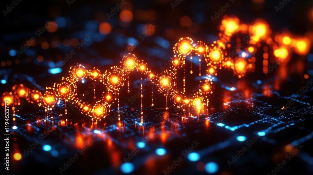 Poster abstract representation of glowing data visualization with vibrant dots and lines symbolizing digita