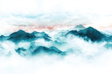Ethereal watercolor landscape of serene mountain ranges minimalist art soft color blending tranquil environment artistic viewpoint