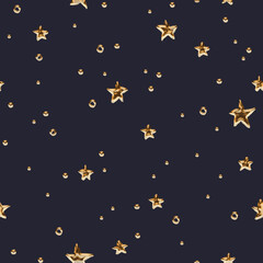 Fototapeta premium Seamless pattern of golden unevenly drawn stars on a dark background