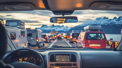 Traffic jam on scenic mountain road at sunset, view from inside a car.