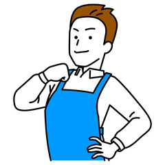 胸を張るエプロン姿の男性