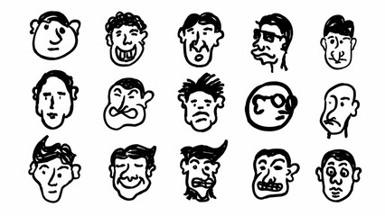 Set of male head cartoon characters, fun caricature face vector design isolated on white background