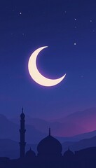 Serene Crescent Moon over Mosque Silhouettes in a Deep Blue Night Sky with Stars