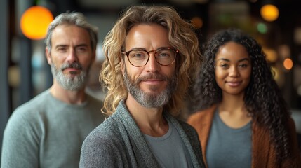 Obraz premium Group of three diverse individuals standing together, smiling warmly in a cozy, modern indoor environment with soft lighting and a friendly atmosphere