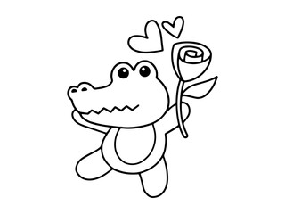 Valentine Day Crocodile Holding Rose Outline