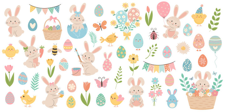 Cute easter set with  rabbits, flowers, eggs, balloons, flags, basket and other. Spring pastel design elements for Easter.