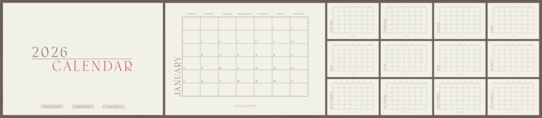 Calendar 2026, Calendar 2026 Sunday Start Vintage Minimal Corporate Design Template