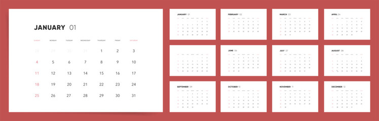 Calendar 2026 Sunday Start Minimal Red Accent Corporate Design Template