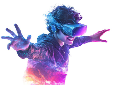 A young person wearing a VR headset joyfully experiences a vibrant and immersive virtual reality simulation.