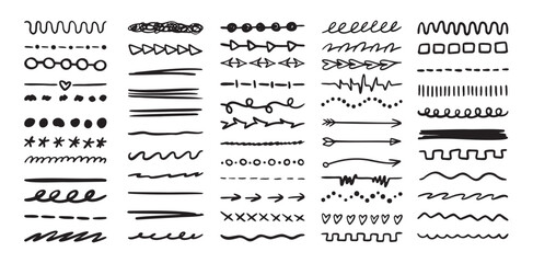 Various highlighter and underline lines set. graphic elements drawing free brush. Doodle strokes and markers
