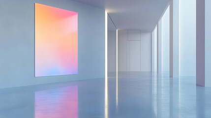 Spacious room with pastel gradient lighting and modern flooring.