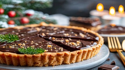 ​National Pie Day.A decadent chocolate tart garnished with nuts and holiday decor.