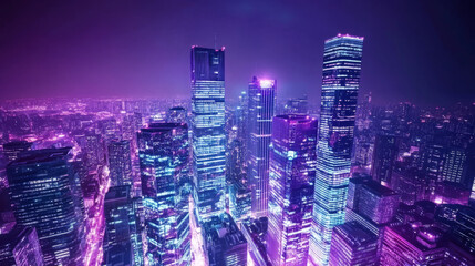 Obraz premium Purple tech city background. Abstract building bg. Smart futuristic neon cityscape design. Urban architecture with speed energy for metaverse or hologram panorama. Modern skyscraper network at night