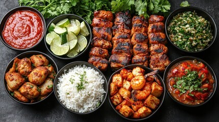 Colorful assortment of grilled meats, rice, and fresh vegetables arranged on a dark surface