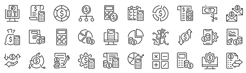 Set of 30 outline icons related to budgeting, estimation. Linear icon collection. Editable stroke. Vector illustration	