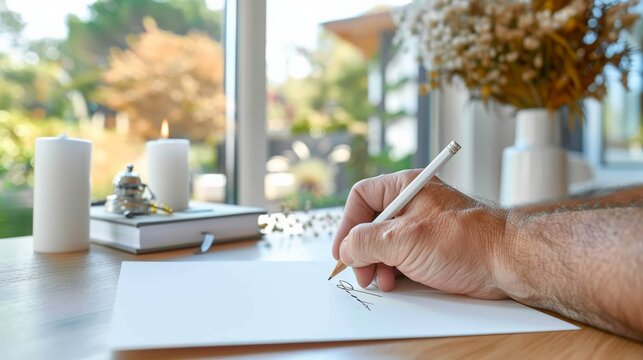 National Handwriting Day.A hand holding a white pen, writing on a sheet of paper, surrounded by candles and soft natural light.