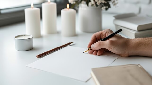 National Handwriting Day.A hand holding a white pen, writing on a sheet of paper, surrounded by candles and soft natural light.