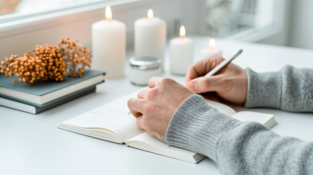 National Handwriting Day.A hand holding a white pen, writing on a sheet of paper, surrounded by candles and soft natural light.