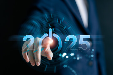 Hand push click start mission of the 2025 year, Start planning, and action plan for the business...