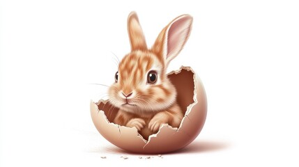 Illustration of a rabbit inside a cracked easter egg on a white background