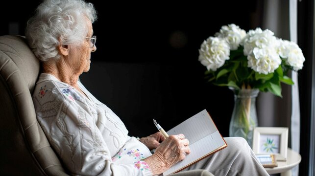 ​National Handwriting Day.Elderly man writing with a pen on a planner at a wooden desk. - Powered by Adobe