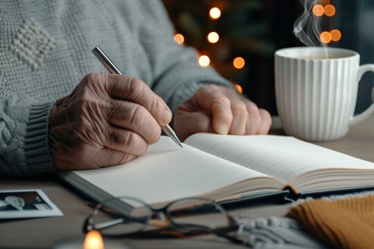 ​National Handwriting Day.Elderly man writing with a pen on a planner at a wooden desk. - Powered by Adobe