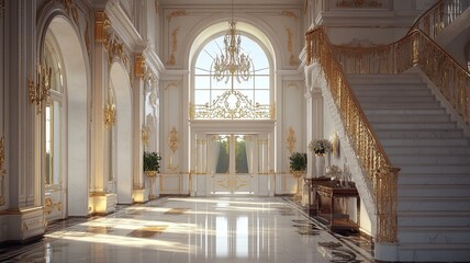 Fototapeta premium Grand Mansion Entryway Sunlight, Staircase, Luxury