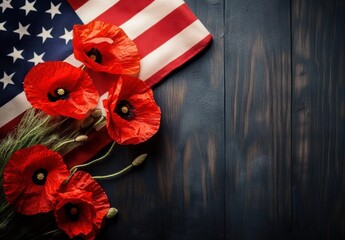 America flag and poppy flowers