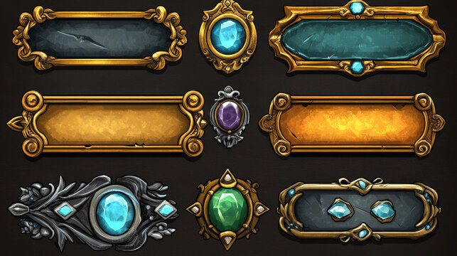Game frames, bronze, gold and silver horizontal borders with ornate rims, gems. Ui level plaques evolution from simple to luxury. Isolated cartoon graphic gui elements for rpg, mmo or app, Vector set