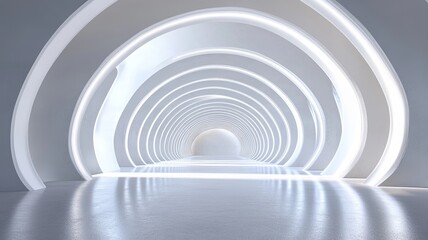 Obraz premium Futuristic arched hallway, glowing, reflective floor, background light