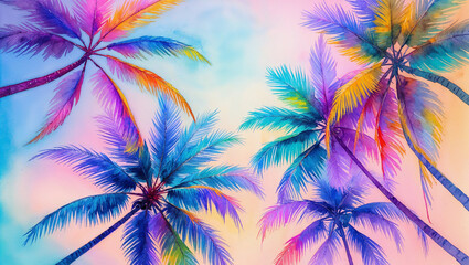 Obraz premium Colorful palm trees swaying in tropical breeze watercolor painting