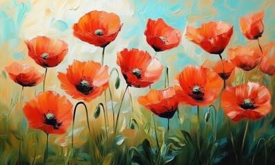Obraz premium closeup of abstract small rough poppy floral flowers on the field. art painting texture- with oil acrylic brushstroke- pallet knife paint on canvas wallpaper