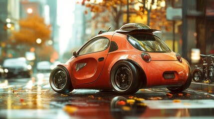 Self-driving autonomous cars move along a suburban traffic intersection in the evening. Neon HUD elements visualize the interaction of driverless cars connected to a common network	

