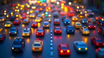 Self-driving autonomous cars move along a suburban traffic intersection in the evening. Neon HUD elements visualize the interaction of driverless cars connected to a common network	

