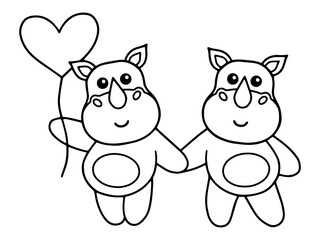 Valentines Day Rhinoceros Holding Balloon Line Art