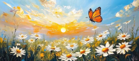 A Oil painting Panorama of a landscape- angle view of Field of daisies in golden rays of the setting sun in spring summer nature with an orange butterfly outdoors- blue sky- pallet knife on canvas. im