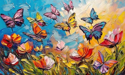 Colorful abstract oil acrylic painting of colorful butterflies flying in the poppy flower fields on the hill- pallet knife on canvas- wide angle view- blue sky