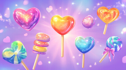 Cartoon set of colorful sweet candies isolated on background. Vector illustration of round, square, oval, star and heart shape caramel lollipop icons. Casino mobile app design elements. Game icons