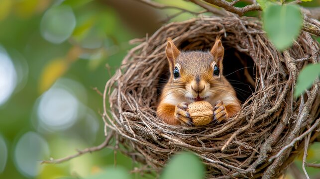 Squirrel Appreciation Day. A squirrel sitting in a nest made of twigs, holding a nut and looking curiously at the camera.