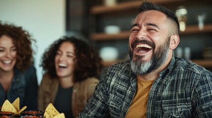 ​National Hot Sauce Day. Smiling man in a yellow shirt sitting in a lively café with friends in the background.