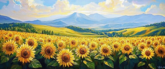 Abstract oil painting of yellow sunflowers field on hills with mountains on background