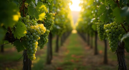 Naklejka premium A picturesque vineyard with grapes hanging on vines in soft, golden light.