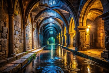 Naklejka premium Dark, damp stone corridor; panoramic view reveals medieval secrets, a mysterious architecture.