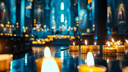 Warm candlelight creating a serene atmosphere inside a beautiful church during evening prayer service