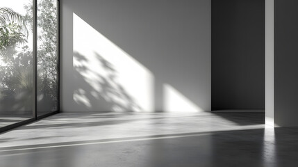 Empty room with bright light and clear shadows cast on the floor.
