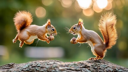 Squirrel Appreciation Day. Two squirrels holding nuts while climbing a textured tree trunk.