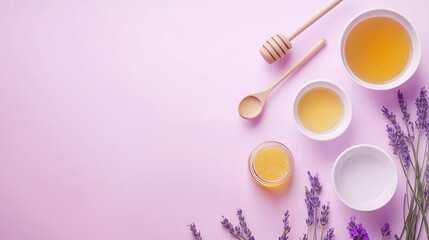 A creative DIY natural cosmetics concept, featuring ingredients like honey, coconut oil, lavender, and aloe vera, arranged with small mixing bowls and spoons for a hands-on, natural beauty experience.